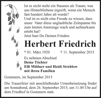 Traueranzeige von Herbert Friedrich  von Magdeburger Volksstimme