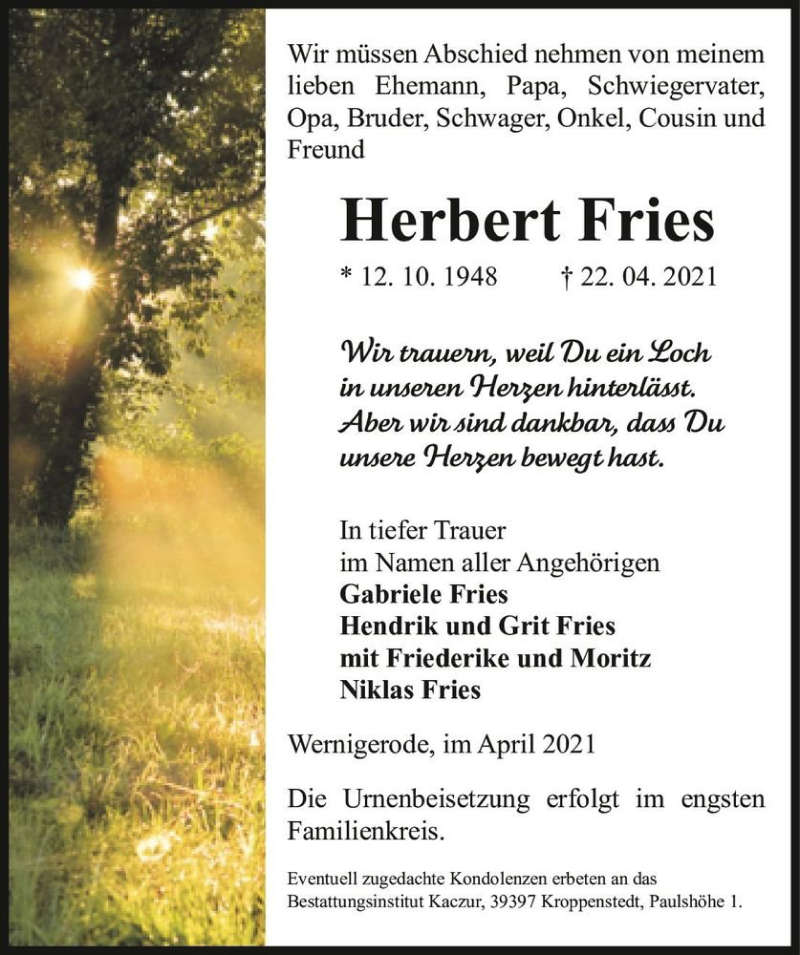  Traueranzeige für Herbert Fries  vom 30.04.2021 aus Magdeburger Volksstimme