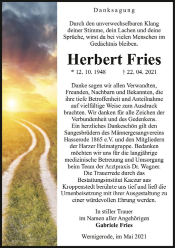 Traueranzeige von Herbert Fries  von Magdeburger Volksstimme