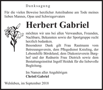 Traueranzeige von Herbert Gabriel  von Magdeburger Volksstimme