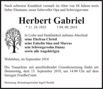 Traueranzeige von Herbert Gabriel  von Magdeburger Volksstimme