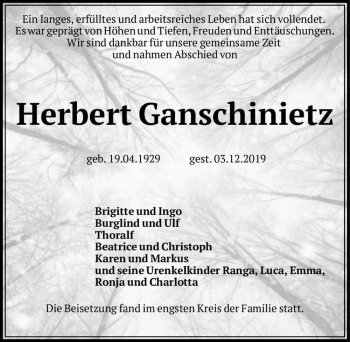 Traueranzeige von Herbert Ganschinietz  von Magdeburger Volksstimme