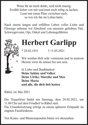 Traueranzeige von Herbert Garlipp  von Magdeburger Volksstimme