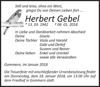 Traueranzeige von Herbert Gebel  von Magdeburger Volksstimme