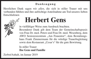 Traueranzeige von Herbert Gens  von Magdeburger Volksstimme