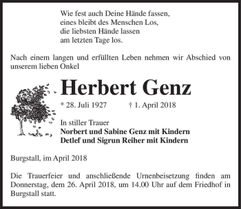Traueranzeige von Herbert Genz  von Magdeburger Volksstimme