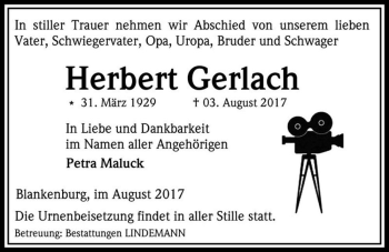 Traueranzeige von Herbert Gerlach  von Magdeburger Volksstimme