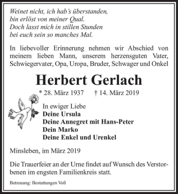 Traueranzeige von Herbert Gerlach  von Magdeburger Volksstimme