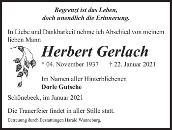 Traueranzeige von Herbert Gerlach  von Magdeburger Volksstimme