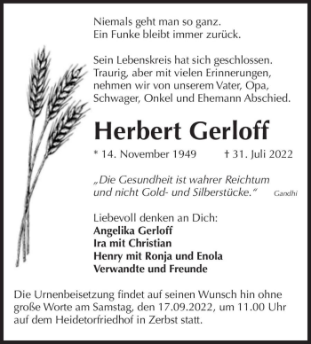 Traueranzeige von Herbert Gerloff  von Magdeburger Volksstimme