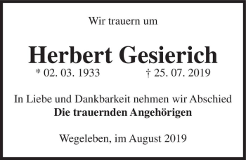 Traueranzeige von Herbert Gesierich  von Magdeburger Volksstimme