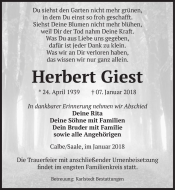 Traueranzeige von Herbert Giest  von Magdeburger Volksstimme