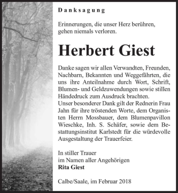 Traueranzeige von Herbert Giest  von Magdeburger Volksstimme