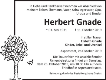 Traueranzeige von Herbert Gnade  von Magdeburger Volksstimme