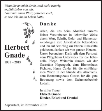 Traueranzeige von Herbert Gnade  von Magdeburger Volksstimme