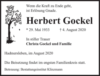Traueranzeige von Herbert Gockel  von Magdeburger Volksstimme