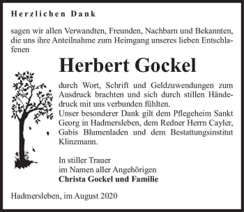 Traueranzeige von Herbert Gockel  von Magdeburger Volksstimme