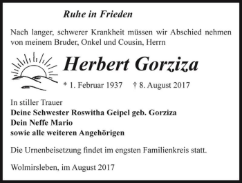 Traueranzeige von Herbert Gorziza  von Magdeburger Volksstimme