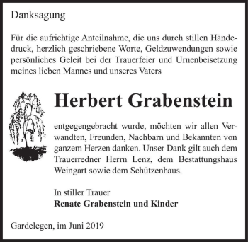 Traueranzeige von Herbert Grabenstein  von Magdeburger Volksstimme