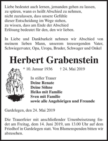 Traueranzeige von Herbert Grabenstein  von Magdeburger Volksstimme