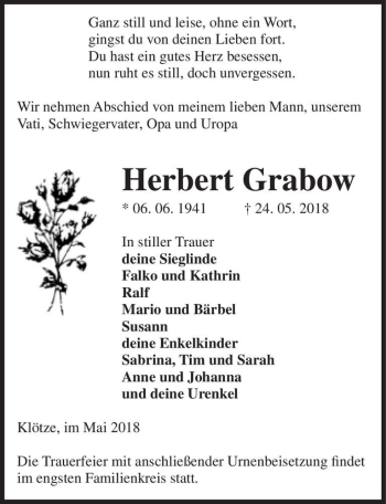 Traueranzeige von Herbert Grabow  von Magdeburger Volksstimme