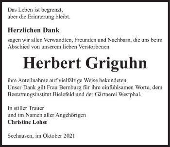 Traueranzeige von Herbert Griguhn  von Magdeburger Volksstimme