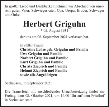 Traueranzeige von Herbert Griguhn  von Magdeburger Volksstimme