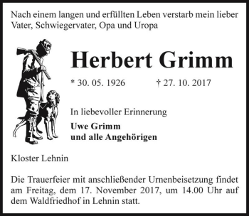 Traueranzeige von Herbert Grimm  von Magdeburger Volksstimme