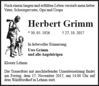 Traueranzeige von Herbert Grimm  von Magdeburger Volksstimme