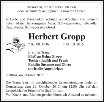 Traueranzeige von Herbert Gropp  von Magdeburger Volksstimme