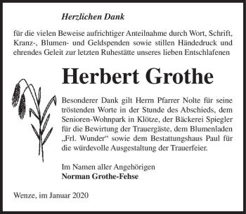 Traueranzeige von Herbert Grothe  von Magdeburger Volksstimme
