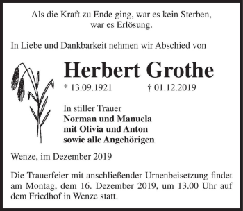 Traueranzeige von Herbert Grothe  von Magdeburger Volksstimme