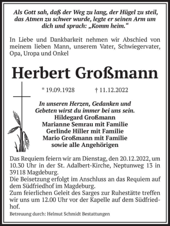 Traueranzeige von Herbert Großmann  von Magdeburger Volksstimme
