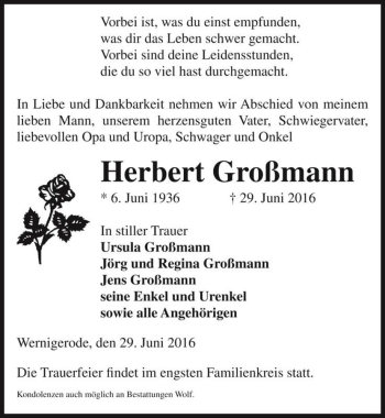 Traueranzeige von Herbert Großmann  von Magdeburger Volksstimme