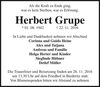 Traueranzeige von Herbert Grupe  von Magdeburger Volksstimme