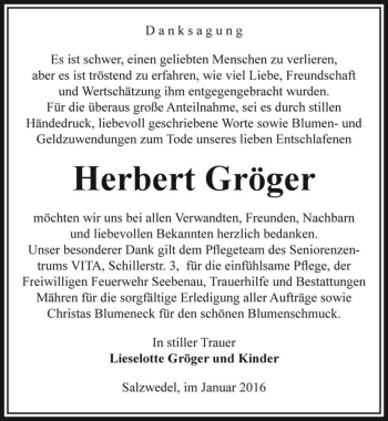 Traueranzeige von Herbert Gröger  von Magdeburger Volksstimme
