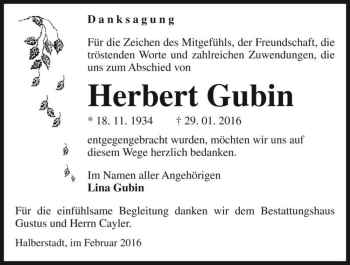 Traueranzeige von Herbert Gubin  von Magdeburger Volksstimme