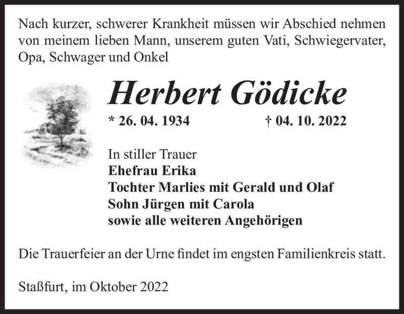  Traueranzeige für Herbert Gödicke  vom 08.10.2022 aus Magdeburger Volksstimme