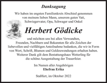 Traueranzeige von Herbert Gödicke  von Magdeburger Volksstimme
