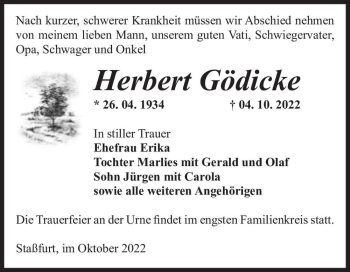 Traueranzeige von Herbert Gödicke  von Magdeburger Volksstimme