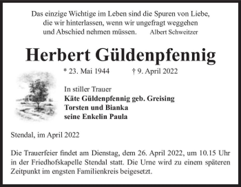 Traueranzeige von Herbert Güldenpfennig  von Magdeburger Volksstimme