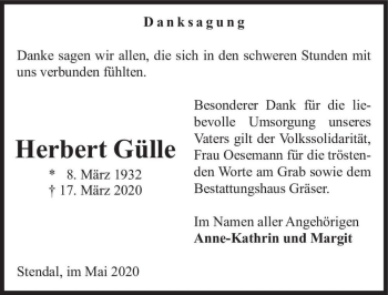 Traueranzeige von Herbert Gülle  von Magdeburger Volksstimme