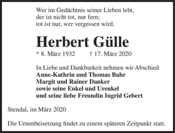 Traueranzeige von Herbert Gülle  von Magdeburger Volksstimme
