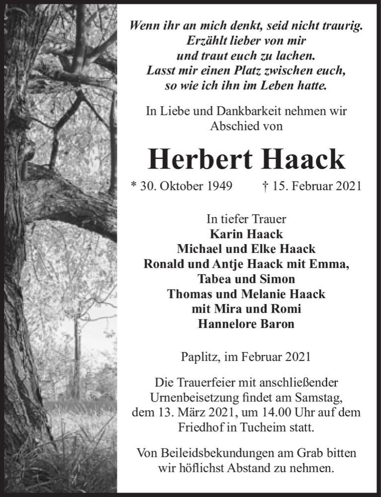  Traueranzeige für Herbert Haack  vom 27.02.2021 aus Magdeburger Volksstimme