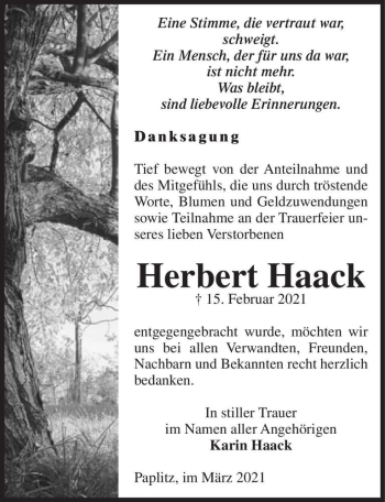 Traueranzeige von Herbert Haack  von Magdeburger Volksstimme