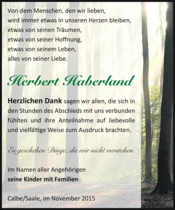 Traueranzeige von Herbert Haberland  von Magdeburger Volksstimme