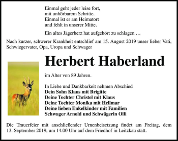 Traueranzeige von Herbert Haberland  von Magdeburger Volksstimme