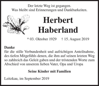 Traueranzeige von Herbert Haberland  von Magdeburger Volksstimme