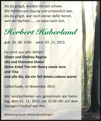 Traueranzeige von Herbert Haberland  von Magdeburger Volksstimme