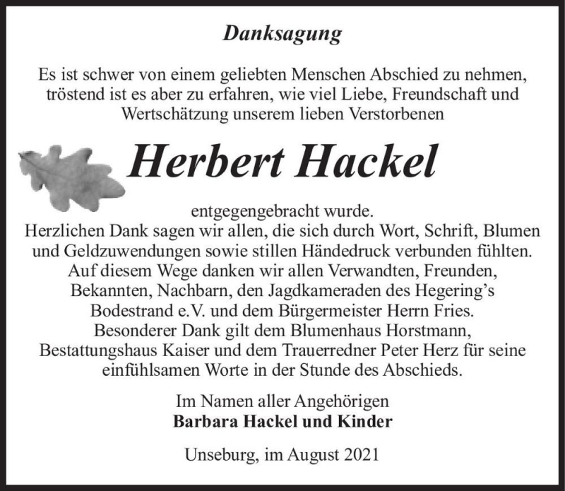  Traueranzeige für Herbert Hackel  vom 21.08.2021 aus Magdeburger Volksstimme